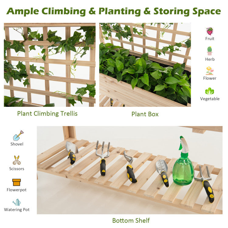 Ample Planting and Storage Space: With a large, deep plant box, a grid for climbing plants, and bottom and top shelves for tools and potted plants, this garden bed provides versatile space for cultivating a variety of fruits, vegetables, herbs, and flowers.
