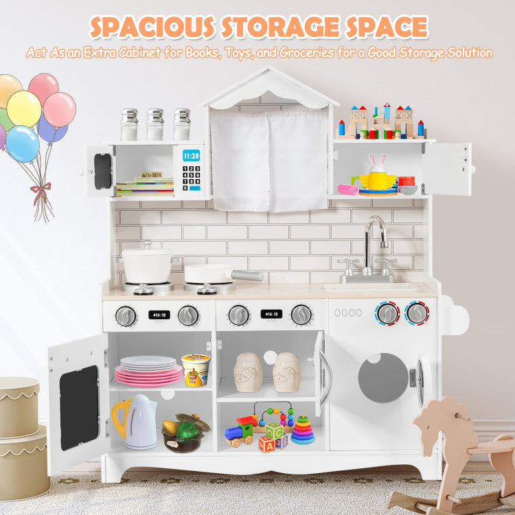 Abundant Storage Solutions: Say goodbye to toy clutter! This play kitchen offers ample storage space with cabinets, an open shelf, and a handy side towel rack. The doors have secure suction buckles to keep toys neatly stored and dust-free.