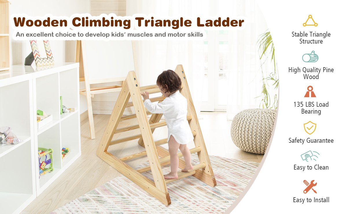 Robust Triangular Design: Engineered for stability, our climbing triangle ladder boasts a robust triangular structure with secure connections. With a remarkable 135-pound weight capacity, it's perfect for children aged three and above, offering a safe and enjoyable climbing experience.