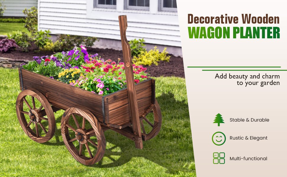 Rustic Garden Decor: Elevate your outdoor space with our antique-look wagon cart planter, adding a touch of rustic charm to your garden or patio.