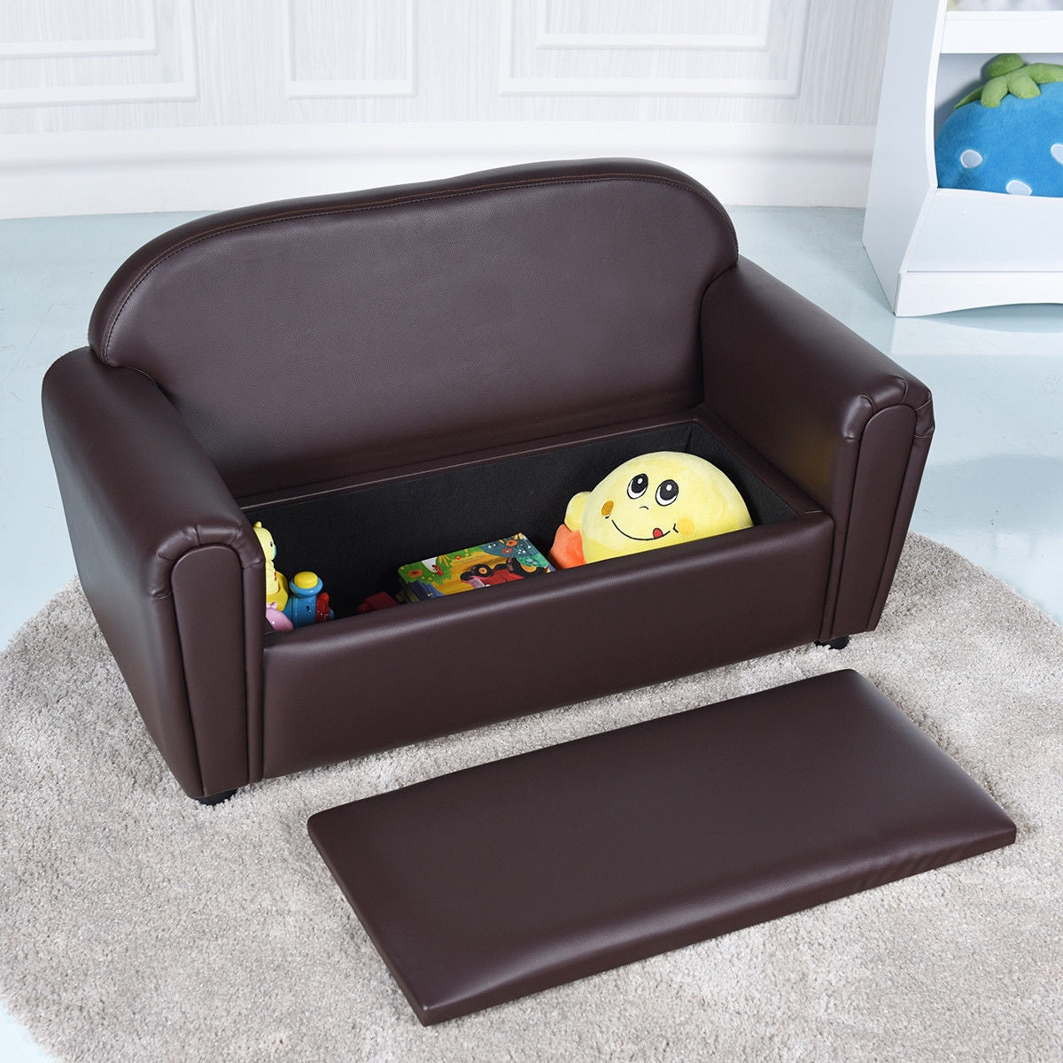 Underneath Storage Box: This sweet design provides accessible storage for toys and books. Kids can easily retrieve their toys or books from underneath the seat and have a seat to play or read. The handle attached to the seat makes opening the storage box a breeze.