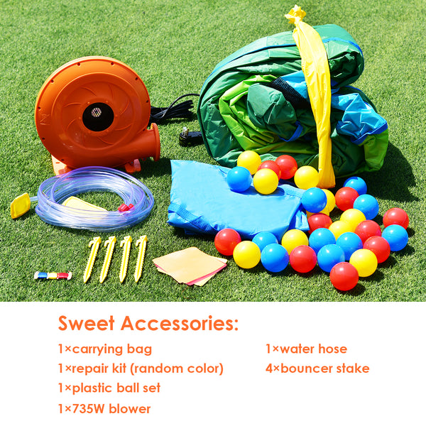 ncluded Accessories: To enhance your experience, we provide various accessories, including a plastic ball set and a hose for added enjoyment, a carrying bag for convenient storage and transportation, 4 blower stakes and 4 bouncer stakes for improved safety, and a repair kit (random color) for easy maintenance.