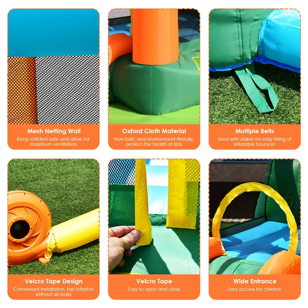 Durable and Safe Design: Constructed with premium Oxford materials and a PVC coat, this inflatable house is wear-resistant and provides a continuous bounce for children. The jumping area is surrounded by mesh walls to ensure safety and allow for maximum ventilation. It has a maximum weight capacity of 298 lbs for the inflatable part, making it suitable for up to 5 kids to play together (suggested weight limit: 99 lbs per child).