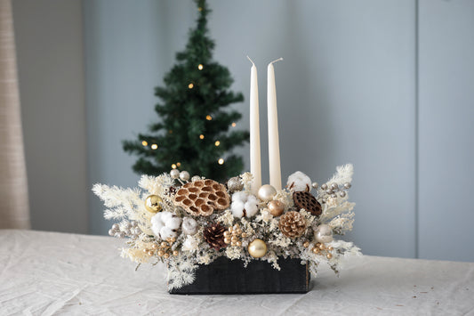 Gold & White Ornaments Candle Centerpiece