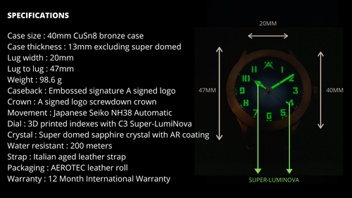 Case size  40 mm Bronze CuSn8 case Case thickness  15 mm including super domed Lug width  20 mm Lug to lug  47 mmWeight  Caseback  Embossed A signed logo Crown  A signed logo screwdown crown Movem.png__PID:3a0a7644-c5b5-48d2-8653-13192a9245c6