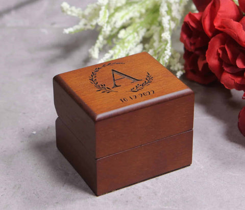 custom engraved wood ring box for proposals and engagements, wood ring box with laser engraving for proposal