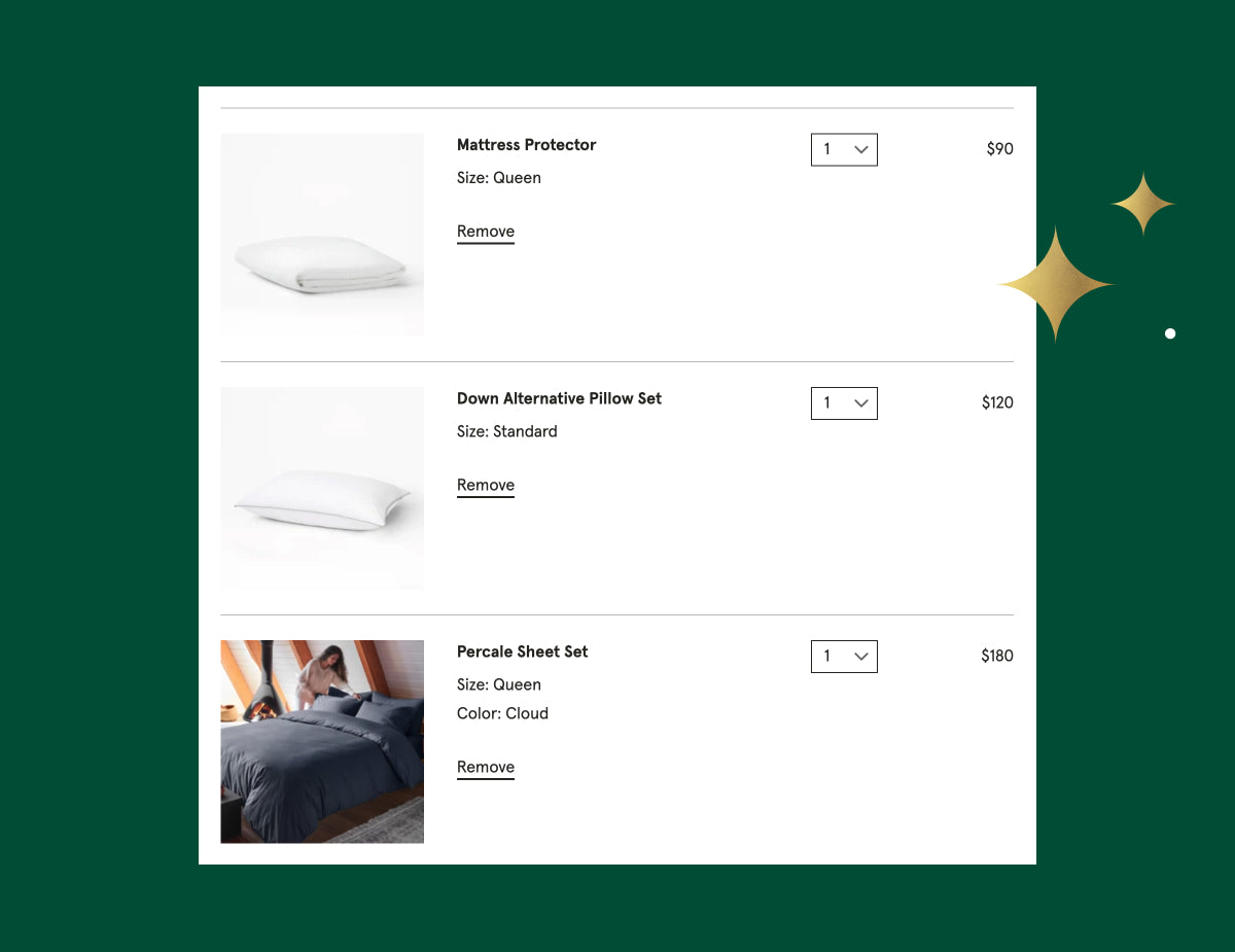Screenshot of a Tuft & Needle shopping cart with a mattress protector, down alternative pillow set and percale sheet set in it.