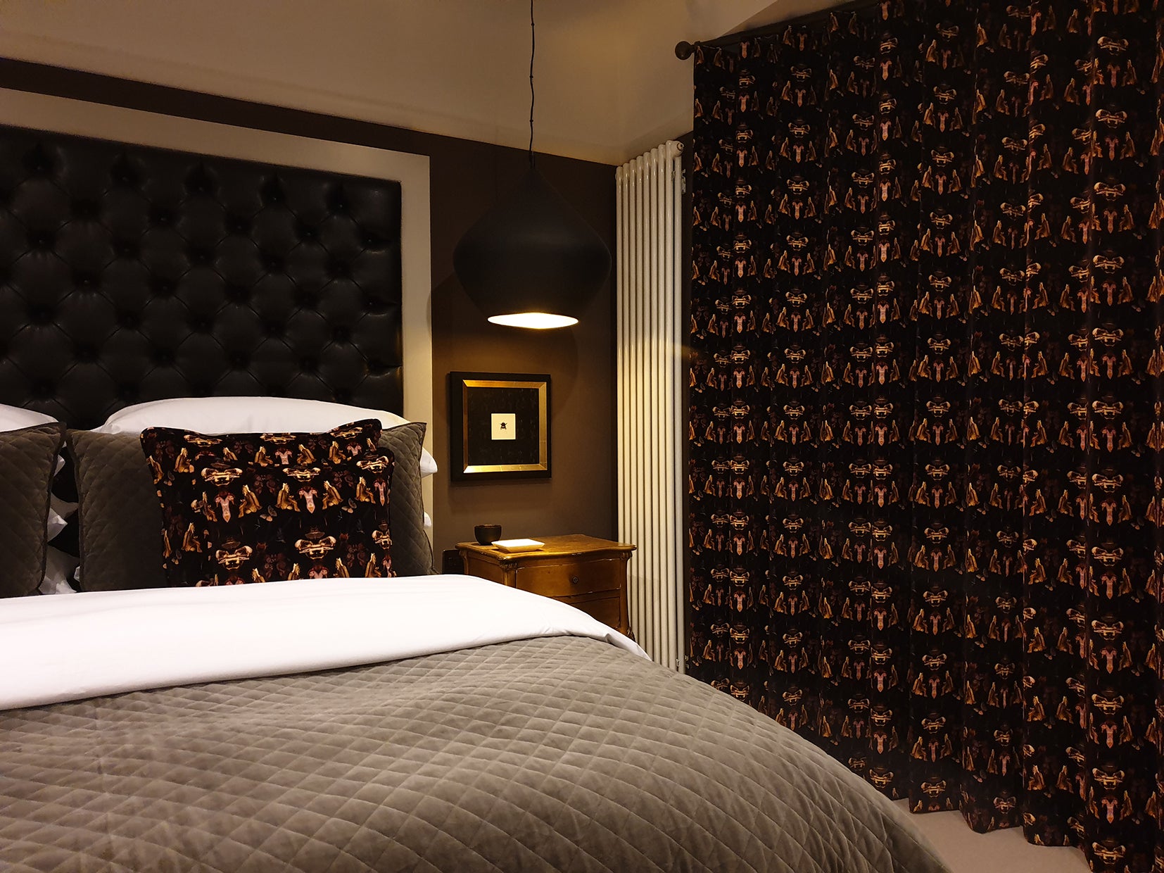 hotel rooms design, luxury velvets, bespoke curtain making, brown curtains, patterned velvet curtains, black out curtains, custom curtains derby
