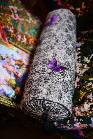 bolster cushion UK, bespoke velvet cushion, purple butterfly cushion, velvet bolster, velvet luxury cushion uk,