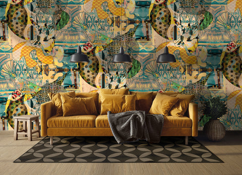 Yellow wallpaper, patterned wallpaper, luxury wallpaper UK, wallpaper for your homes, wallpaper for walls, blue and yellow wallpaper
