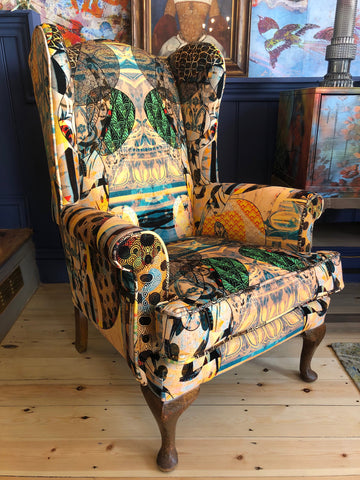 antique chair in yellow patterned velvet