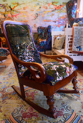 luxury antique rocking chair, designer wingback for sale, velvet wingback chair for sale, antique furniture, designer furniture for sale, luxury fabric for sale, patterned velvet for sale, designer velvets for sale, Wirksworth textiles UK, Blackpop fabric UK