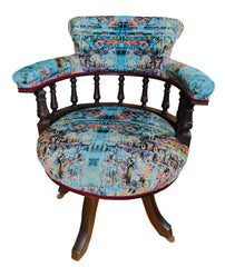 blue velvet swivel chair, antique mahogany captains chair