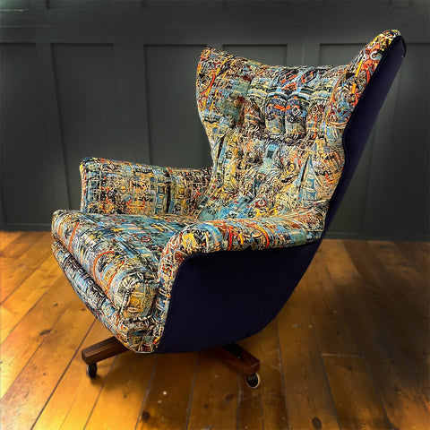 tilt and swivel chair, bespoke upholstery service midlands, capriccio velvet, Blackpop upholstery, mid century chairs, upcycled egg chair,