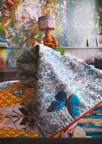 bespoke bedspread,butterfly bedding uk,sustainable fabric uk,sustainable velvet uk,blue bespoke bedding,