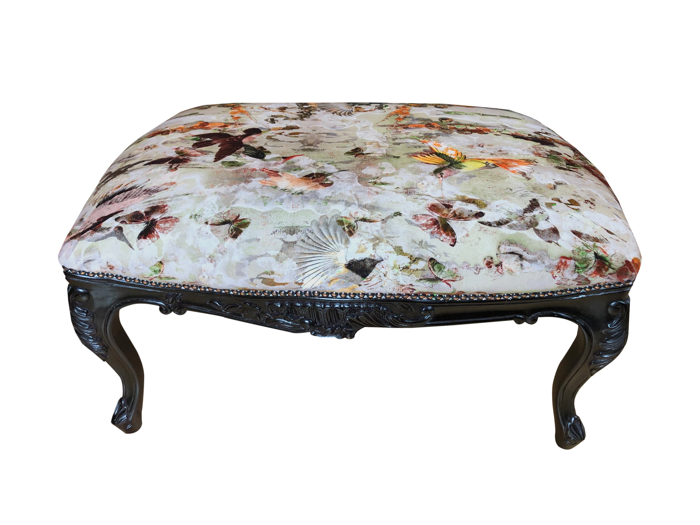 luxury walnut velvet footstool with birds