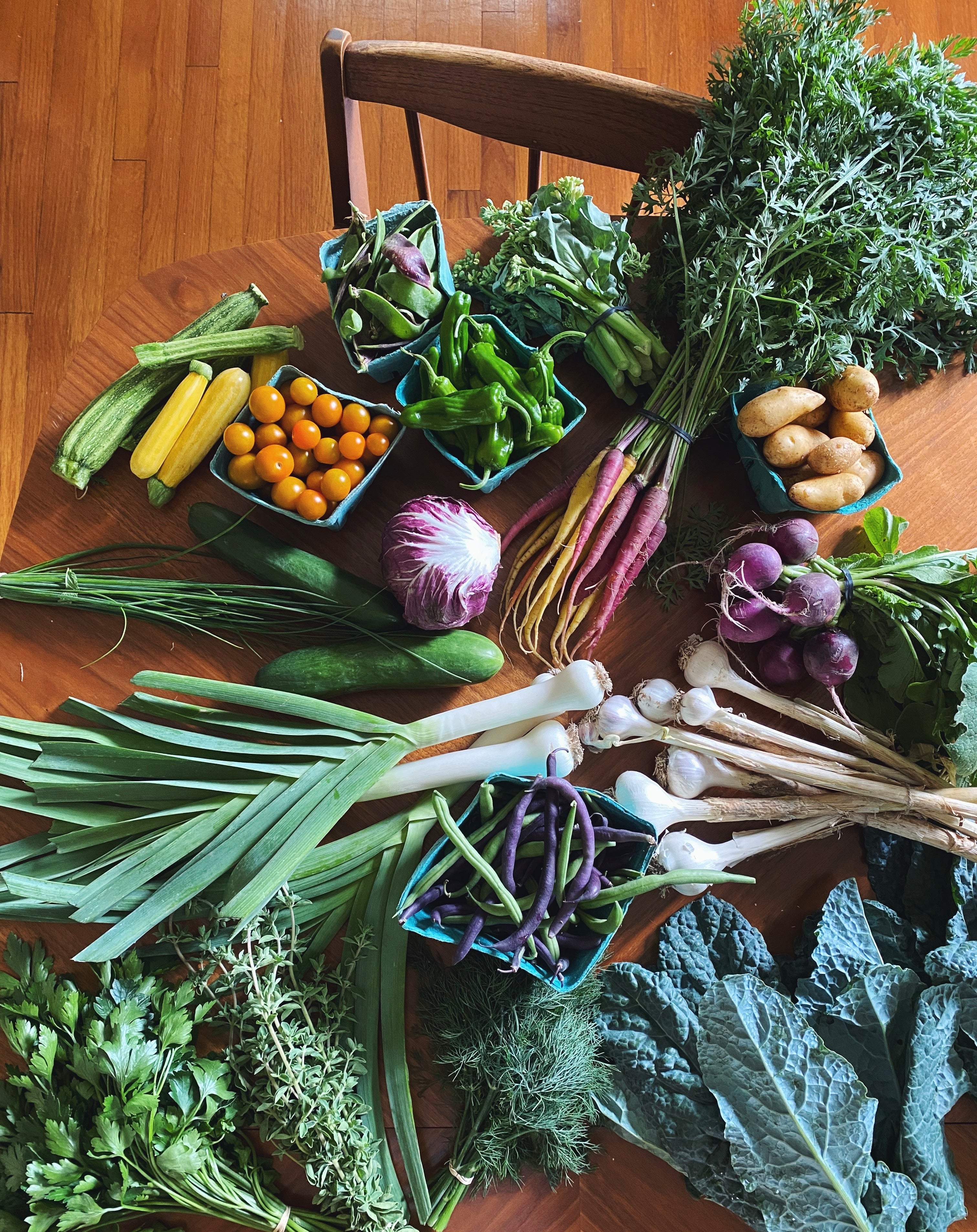 a farmers market haul of leafy greens and root vegetables atop a wooden table