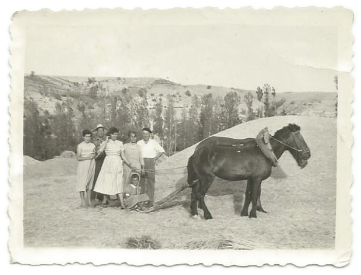 Foto en blanco y negro de una familia y su caballo.