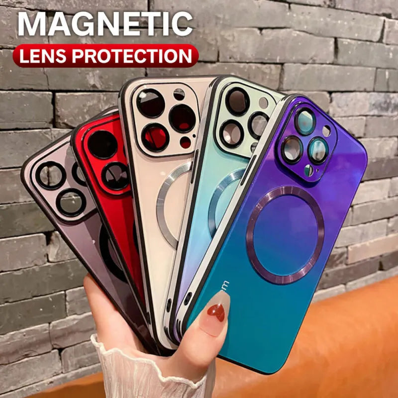 Luxury Gradient Glass Phone Case for IPhone 14 Plus 13 12 Pro Max Magnetic for Magsafe Wireless Charging Lens Protection Cover