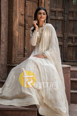White Heavy Embroidered Georgette Full length Anarkali Dupatta Set - Kasturicreations.com