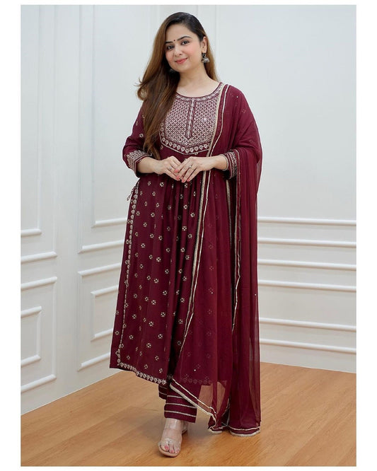 Regular& Plus Festive Long Flared Kurti Pant With Dupatta Set