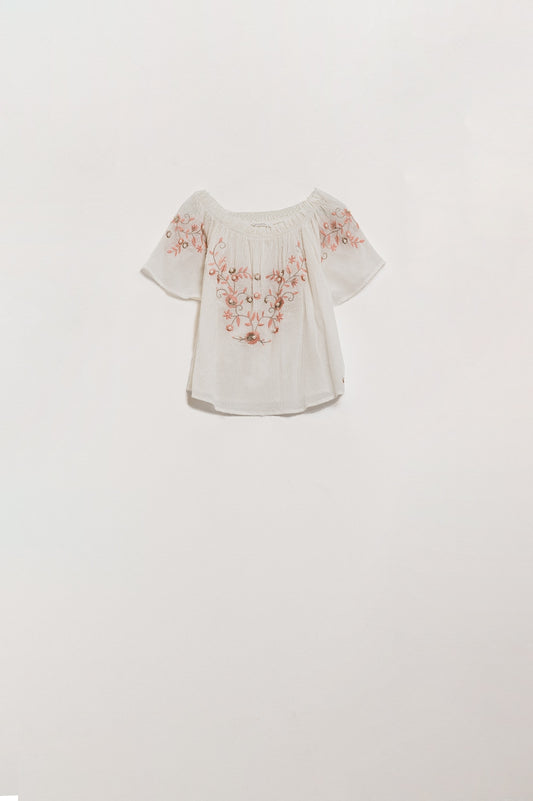 Q2 Off the shoulder White Shirt With Floral design