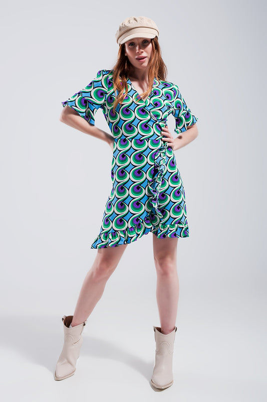 Q2 Wrap ruffle hem mini dress in 70s blue print