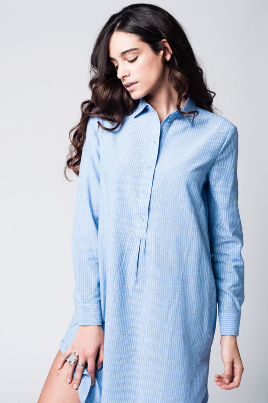 Q2 Blue shirt dress with tie front detail in fine stripe