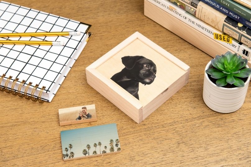 Wood box with photo sitting on desk