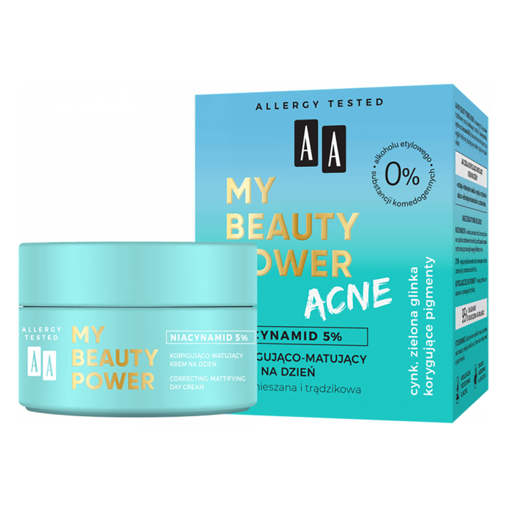 AA MY BEAUTY POWER ACNE koreguojantis ir matiškumo suteikiantis dieninis kremas, mišriai ir į aknę linkusiai odai, 50 ml - TIESIOG GRAŽI