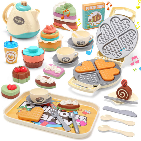 Toy Tea Set for Girls, Play Coffee Maker Set, Party Play Food for Kids, Tea Time Toy Set - Including Coffee Maker Dessert Cookies Play Kitchen