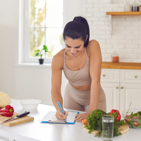 healthy woman in kitchen with notebook