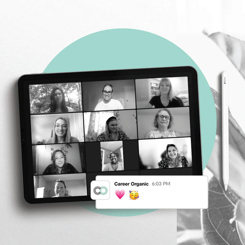 Ipad on a teal circle with a zoom call full of smiling faces and a message with a heart from Career Organic