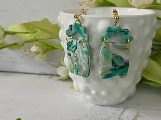 Blue Green Marble Upside-Down Arch Earrings with Twisted Metal