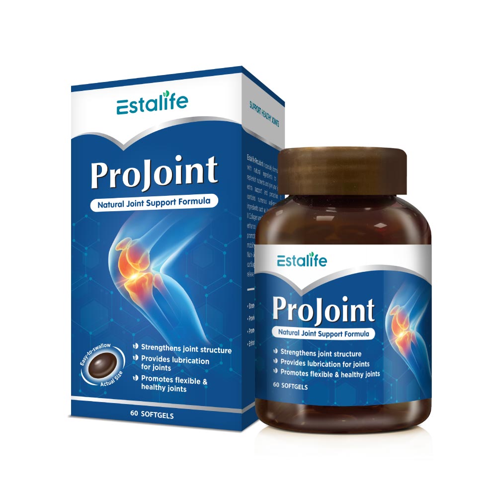 Estalife Projoint joint support undenatured type collagen red ginger cartilage flexibility mobility xpert nutri joint lubrication osteoarthritis stiffness numbness cracking swelling pain glucosamine hyaluronic acid rosehip safflower fish oil vitamin D stronger bone