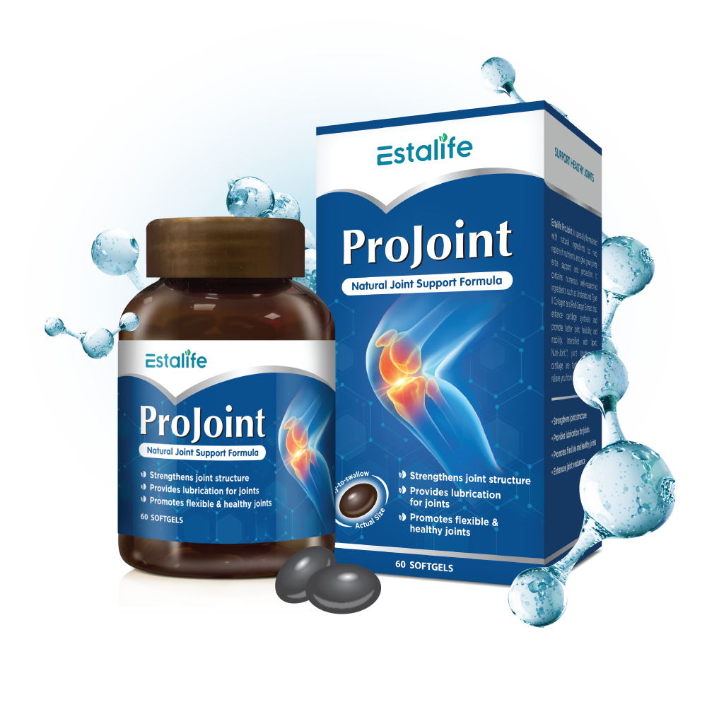 Estalife Projoint joint support undenatured type collagen red ginger cartilage flexibility mobility xpert nutri joint lubrication osteoarthritis stiffness numbness cracking swelling pain glucosamine hyaluronic acid rosehip safflower fish oil vitamin D stronger bone