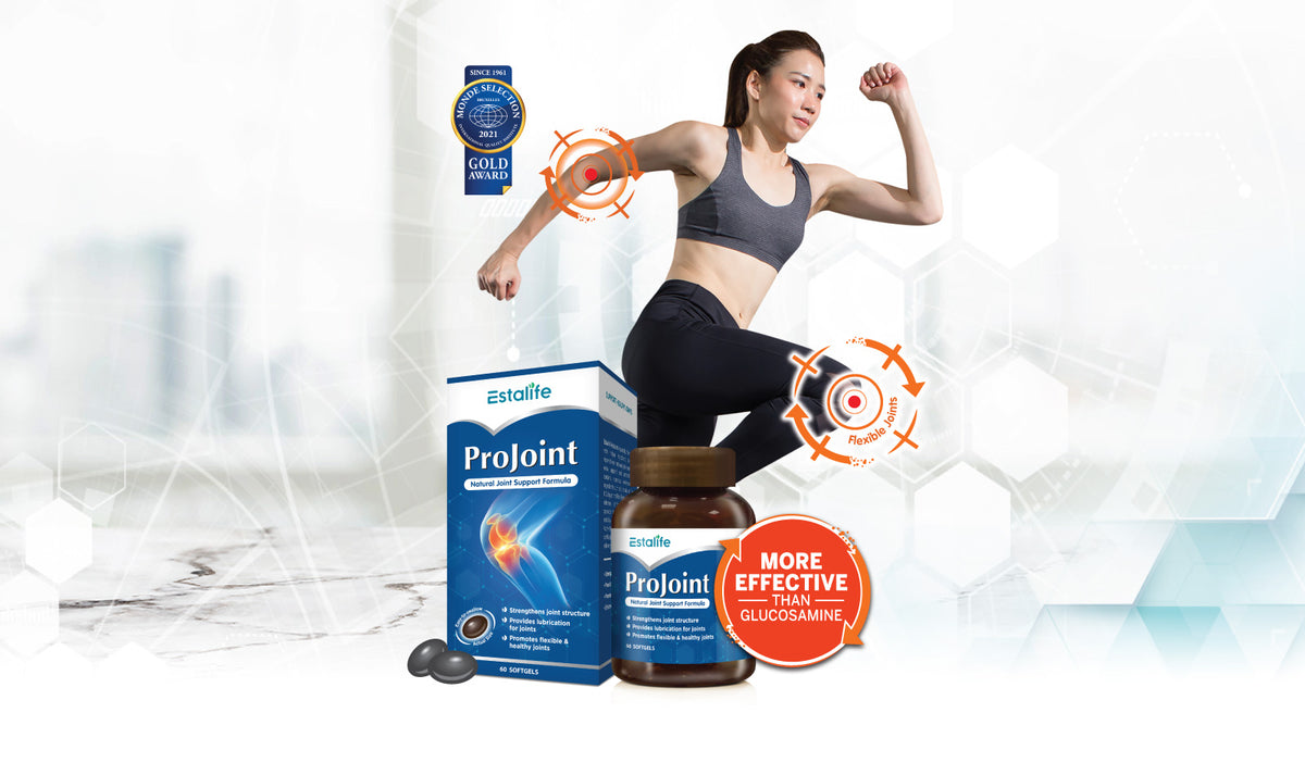 Estalife Projoint joint support undenatured type collagen red ginger cartilage flexibility mobility xpert nutri joint lubrication osteoarthritis stiffness numbness cracking swelling pain glucosamine hyaluronic acid rosehip safflower fish oil vitamin D stronger bone