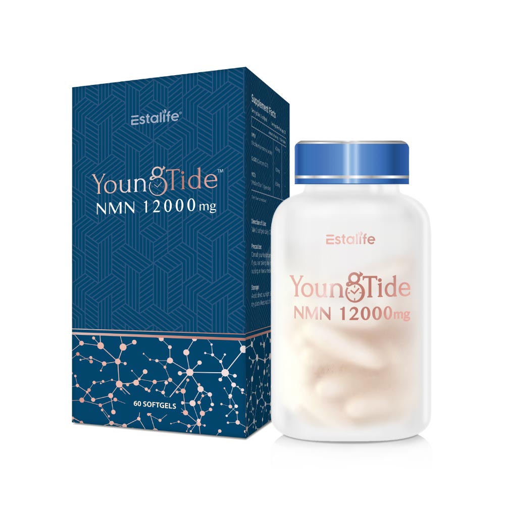 Estalife YoungTide NMN 12000mg anti-aging supplement vitamin B3 metabolite NAD+ aging antioxidant brain heart Nicotinamide Mononucleotide Coenzyme Q10 Medium Chain Fatty Acids longevity youthful vitality loss memory hearing energy sleep quality osteoarthritis dementia softgel