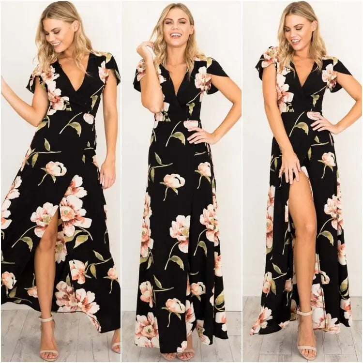 2022 Summer Short Sleeved Long Dress V-neck Split Print Fashion Retro Tiktok Consignment Rayon Robe for Women Party Wedding - Mystic Oasis Gifts