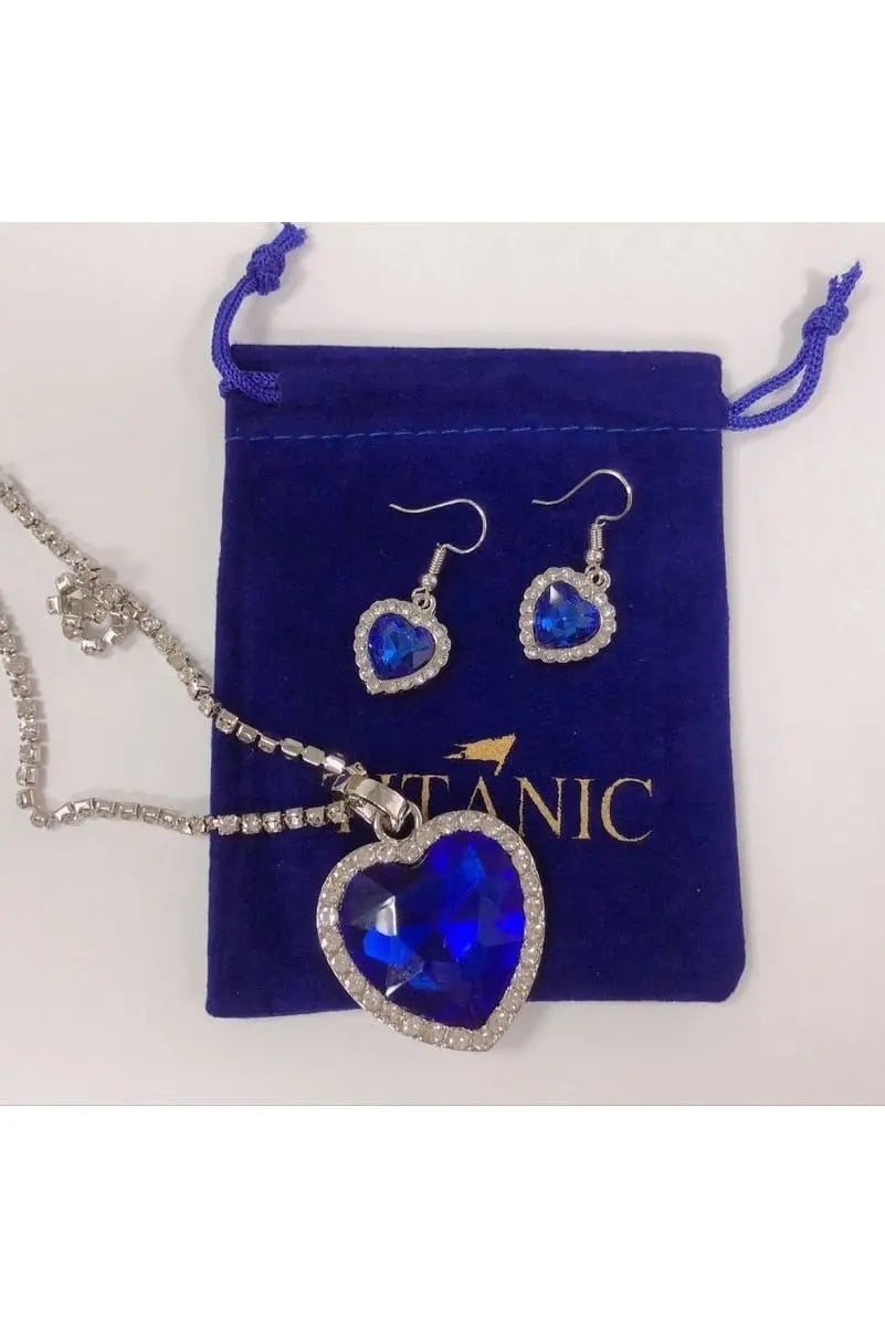 Titanic Heart of Ocean Blue Heart Love Forever Pendant Necklace with Titanic Earrings + Velvet Bag - Mystic Oasis Gifts