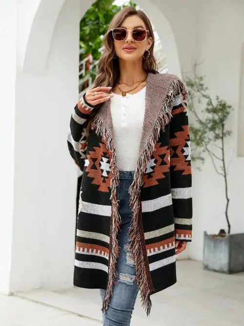 Fringe Geometric Hooded Long Sleeve Cardigan Trendsi Coat & Jacket & Cardigan