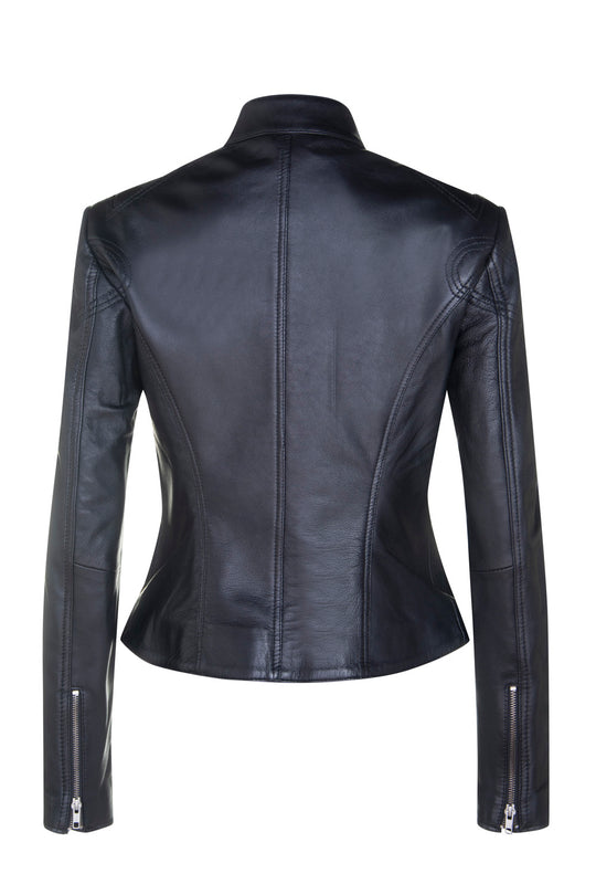 Ladies Black Lambskin Racer Style Jacket, Style: Sizma 5011