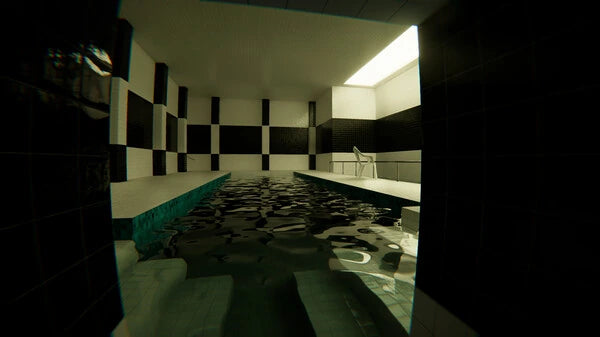 In-game screenshot from Pools VR showing atmospheric horror gameplay in 2025.