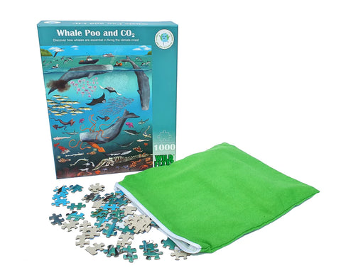 Whale Poo and CO2 puzzle box. A green cloth bag with puzzle pieces spilling out lies next to it.