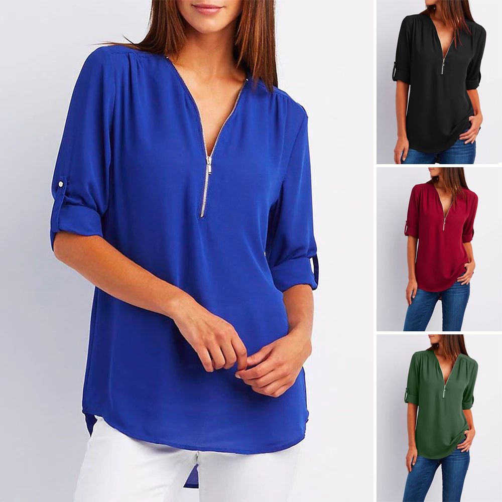 Blusa gelo feminino 3 de 4-comprimento manga Top-No.2  Casual chiffon  blouse, Chiffon tops blouses, Blouses for women