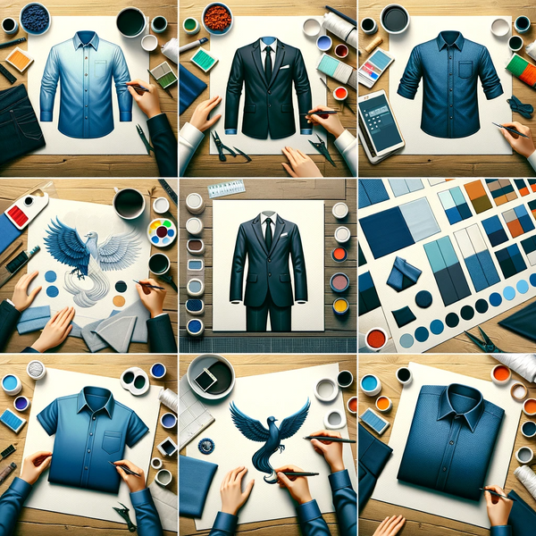 Collage que muestra el proceso de personalización de camisas y blusas corporativas, desde el diseño hasta la adición de logotipos
