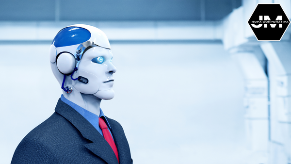 Interpretación futurista de un uniforme corporativo con un modelo de androide, simbolizando la innovación en la vestimenta laboral.