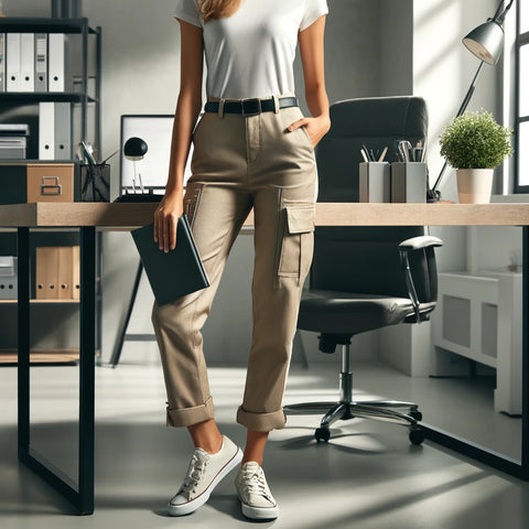 Mujer profesional en oficina moderna vistiendo pantalones cargo de gabardina elegantes