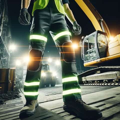 Trabajador en obra nocturna usando pantalones cargo con bandas reflectantes para seguridad