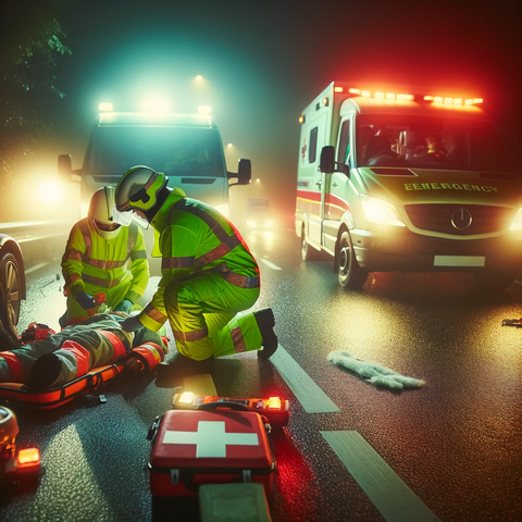 Un socorrista en ropa de alta visibilidad clase 3 atendiendo una escena de accidente por la noche